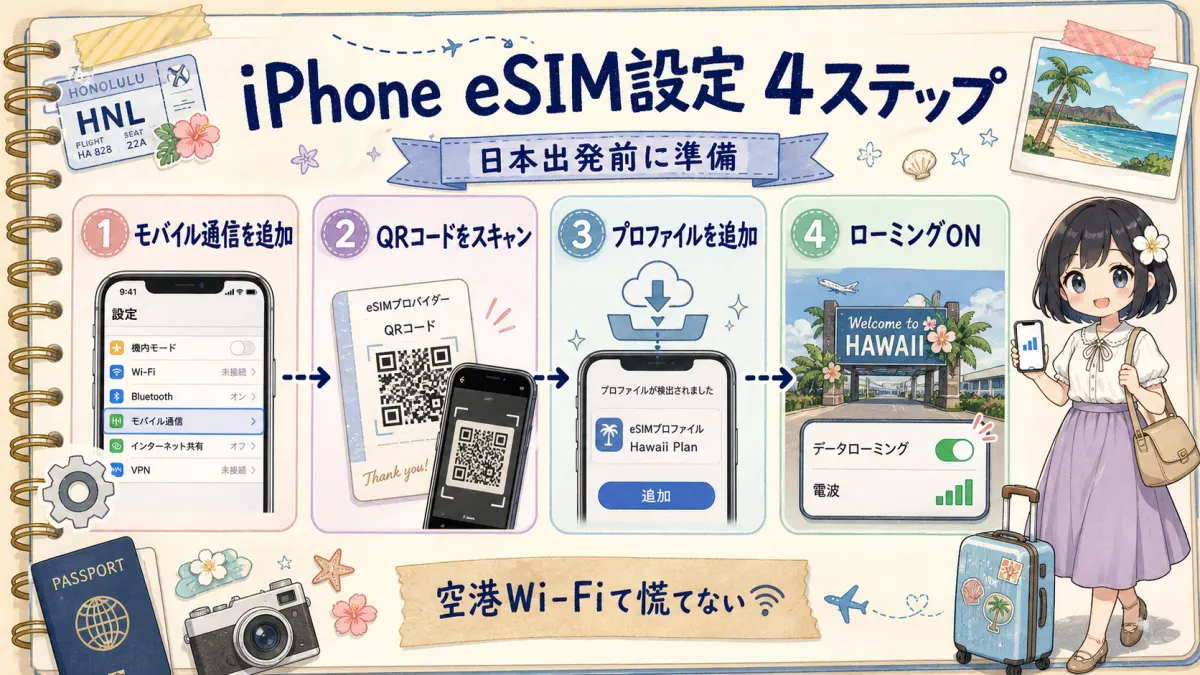 ハワイ用eSIMをiPhoneに設定する4ステップの図解