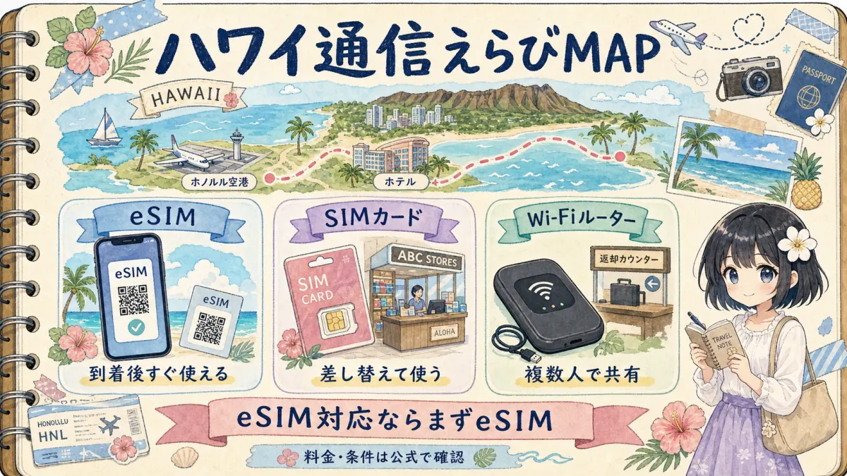 ハワイ旅行で使うeSIM・SIMカード・Wi-Fiルーターの選び方マップ