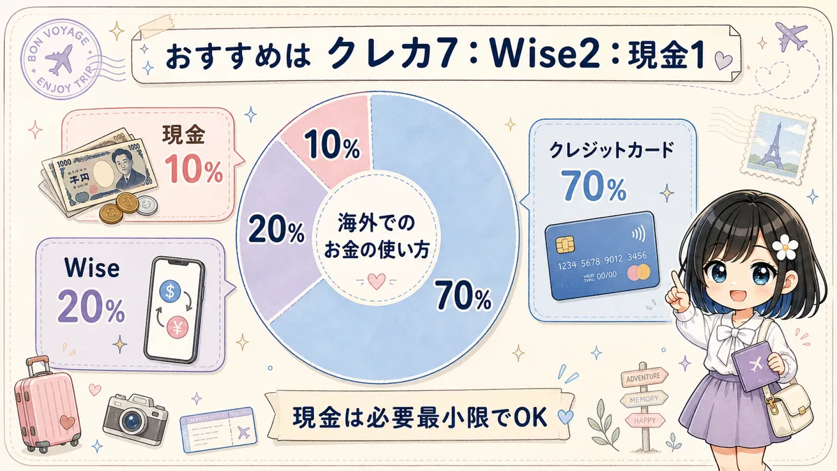 海外旅行のお金をクレジットカード70パーセント、Wise20パーセント、現金10パーセントで使う比率