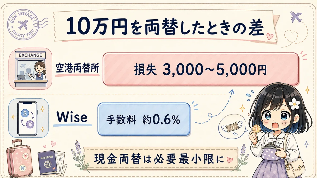 10万円を空港両替所とWiseで両替した場合の費用差の比較