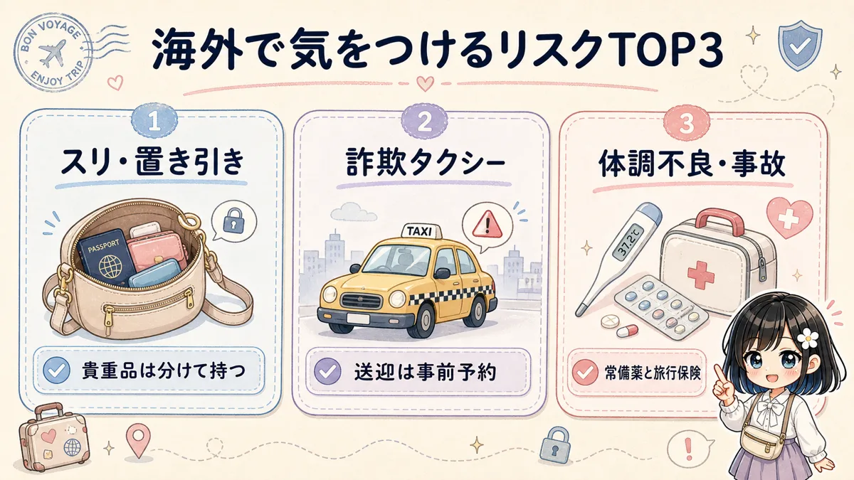 初めての海外旅行で注意したいスリ、詐欺タクシー、体調不良の対策