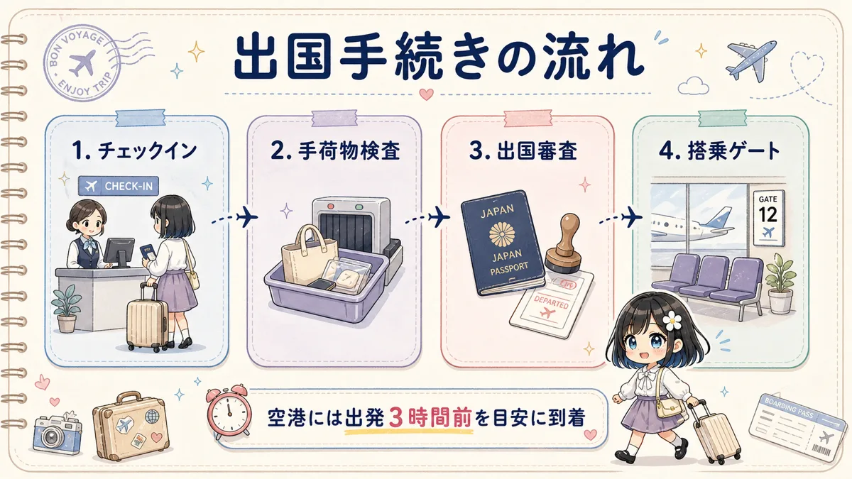 空港でのチェックイン、手荷物検査、出国審査、搭乗ゲートの4ステップ