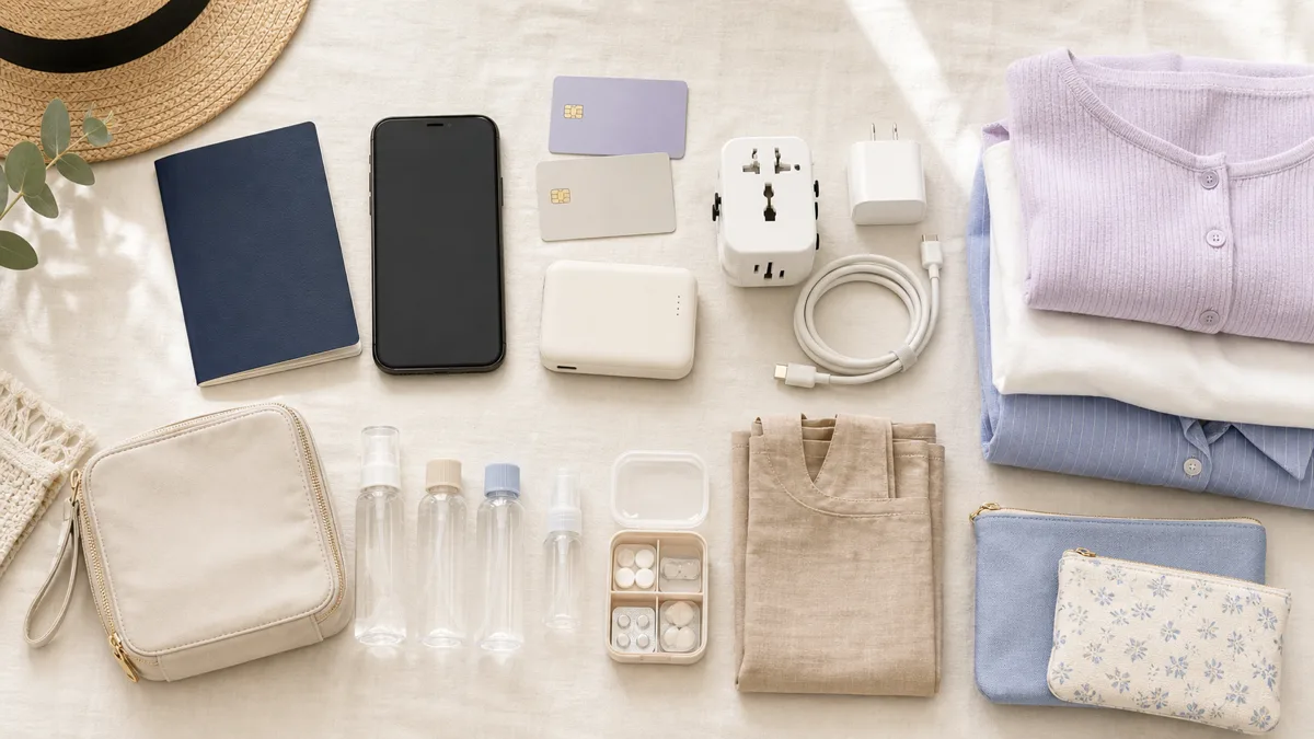 パスポート、スマートフォン、充電器、衣類など海外旅行の必需品