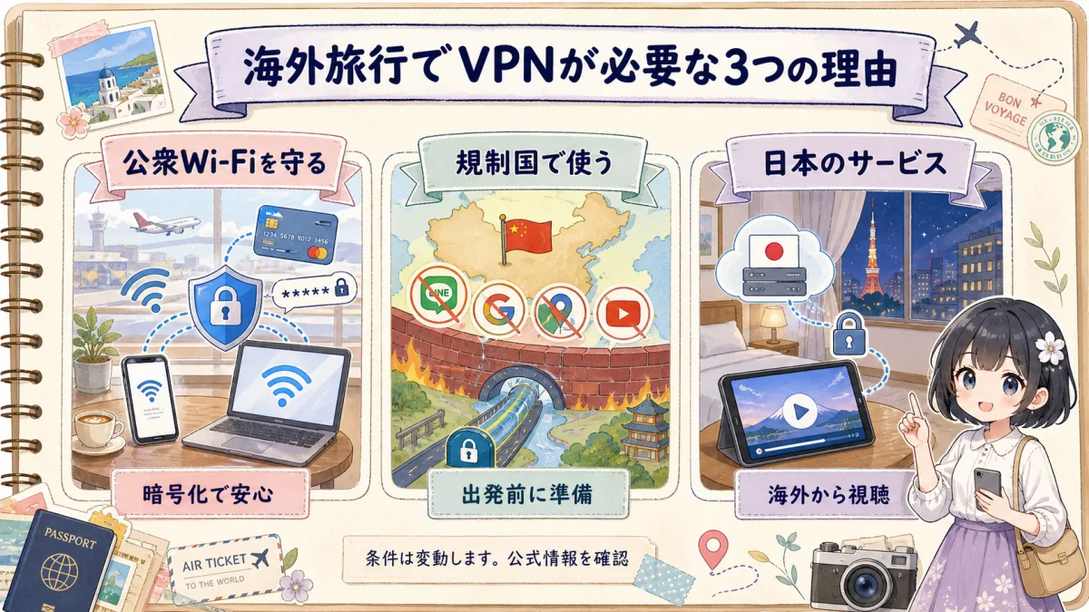 海外旅行でVPNが必要な3つの理由を示す旅行ノート風図解
