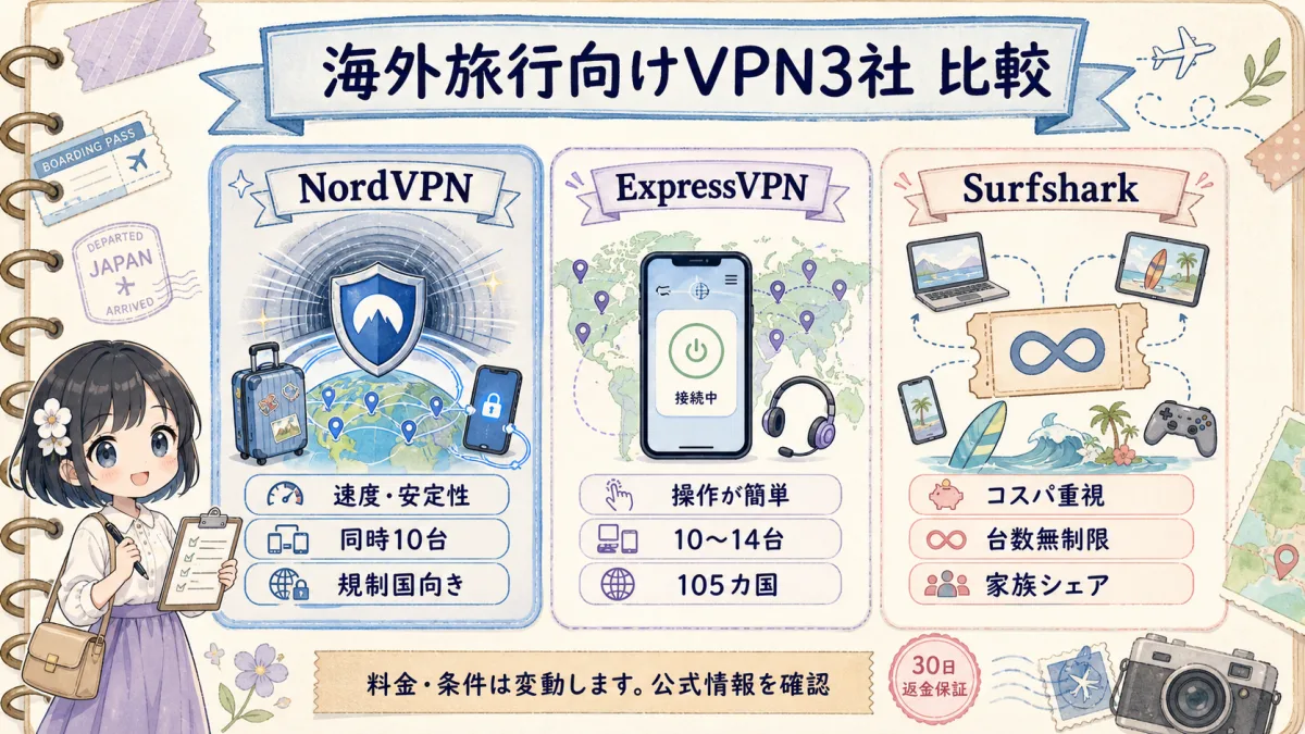 海外旅行向けVPN3社を比較する旅行ノート風マトリクス図