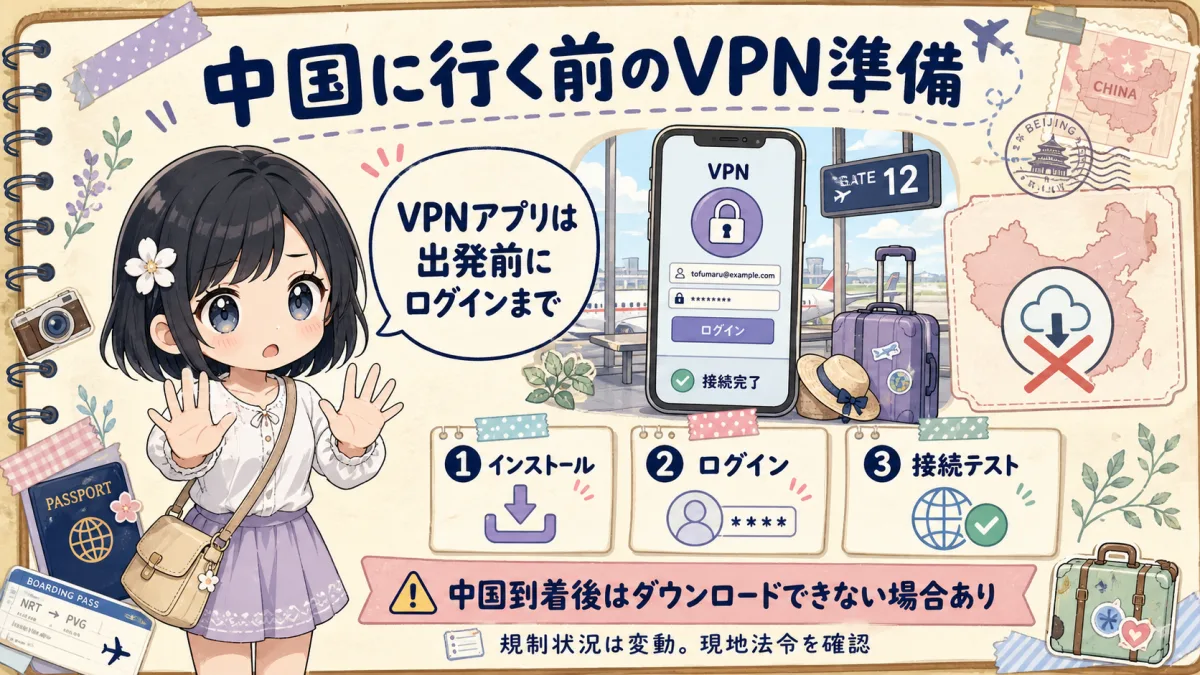 中国入国前にVPNアプリのログインまで済ませる注意喚起イラスト
