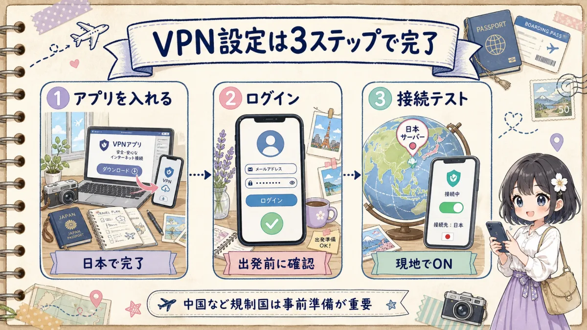VPN設定を3ステップで説明する旅行ノート風フローチャート