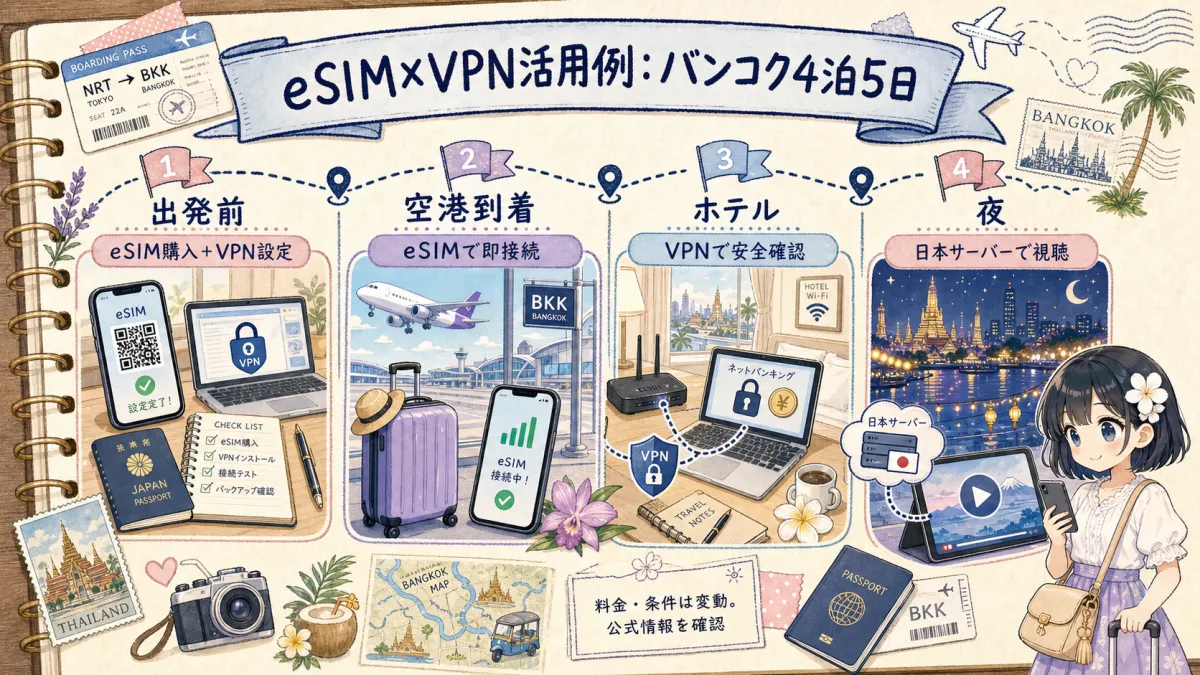 バンコク旅行でeSIMとVPNを組み合わせる流れの旅行ノート風タイムライン