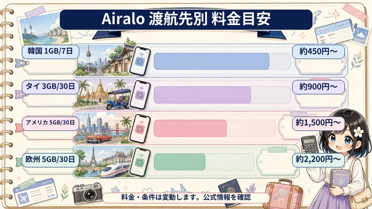 Airaloの渡航先別料金目安を韓国・タイ・アメリカ・ヨーロッパで比較した横棒グラフ