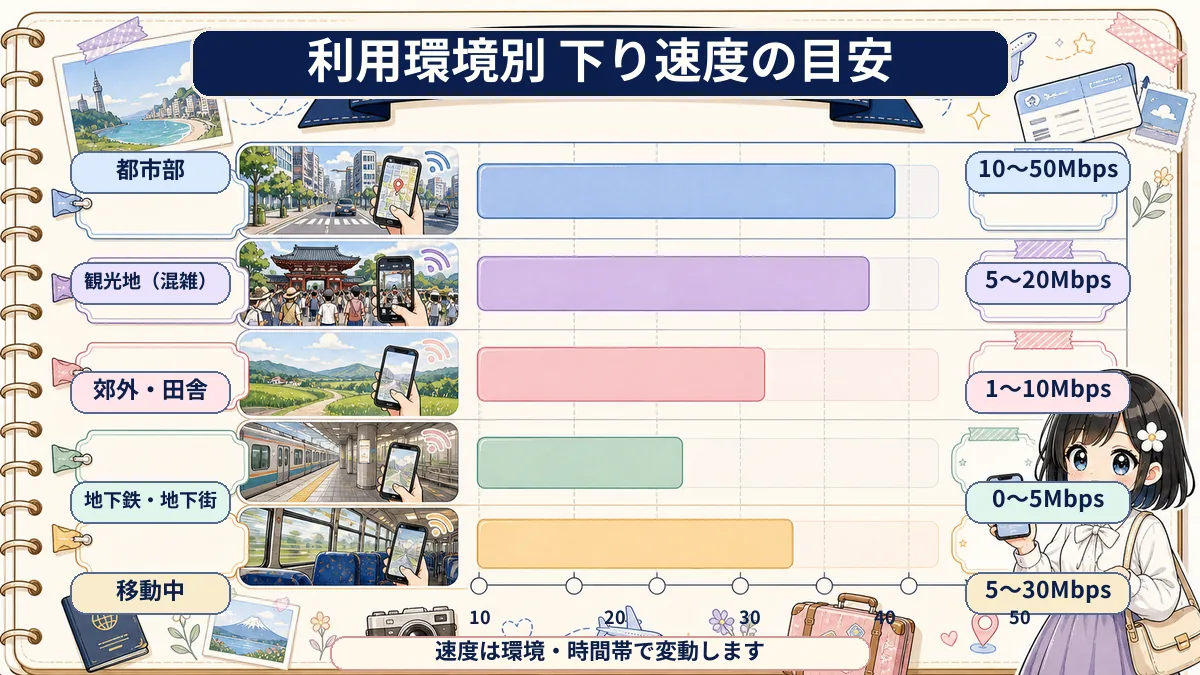都市部・観光地・郊外・地下鉄・移動中におけるAiraloの下り速度目安を示したレンジチャート