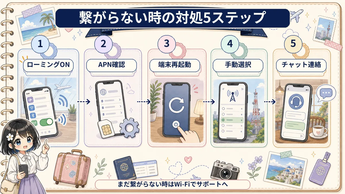 Airaloで繋がらない時に試すローミングON・APN確認・再起動・手動選択・チャット連絡の5ステップ図解