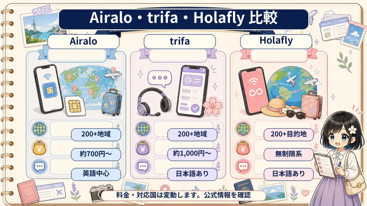 Airalo・trifa・Holaflyの対応地域・料金目安・日本語対応を比較した旅行ノート風マトリクス