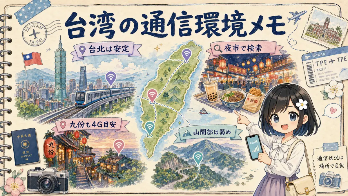 台湾の街並みや夜市とeSIM通信環境のイメージ図