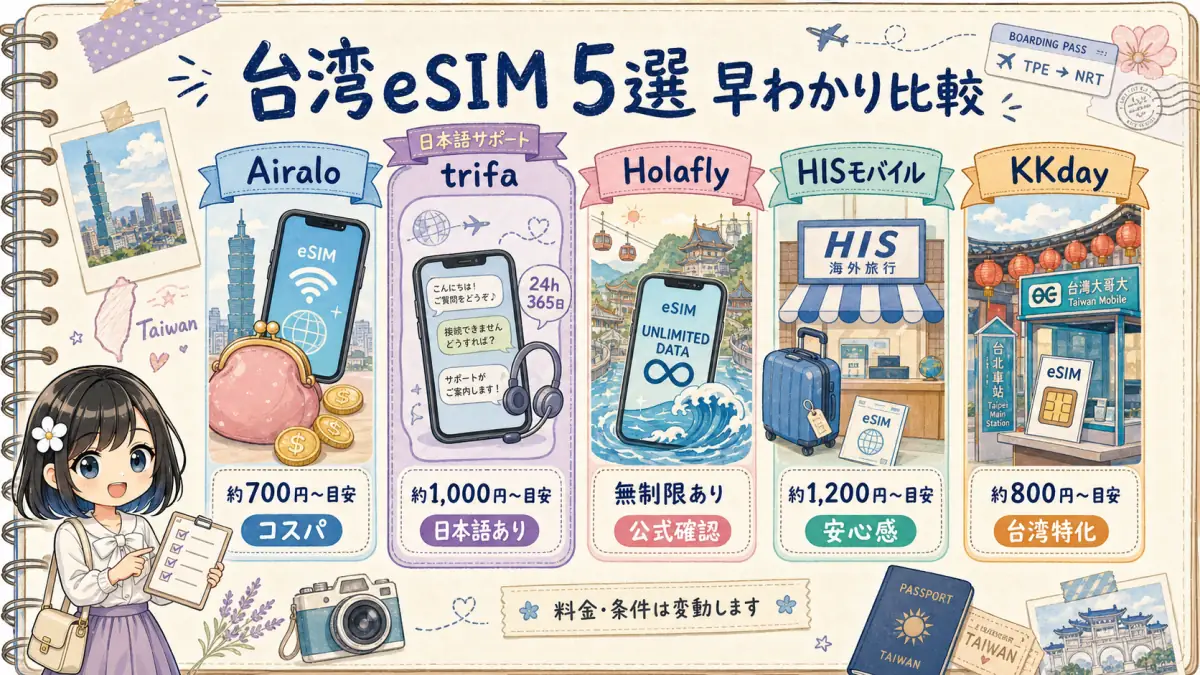 台湾eSIM5サービスの料金目安と特徴を比較した図解