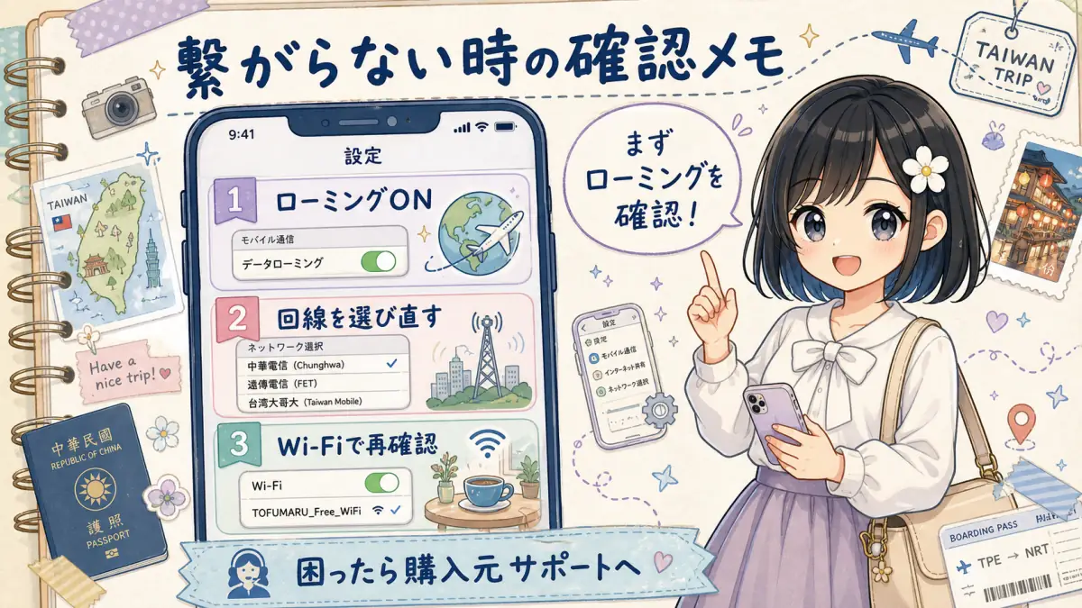 台湾eSIMが繋がらない時にローミングを確認するTofuMaruちゃんの図解