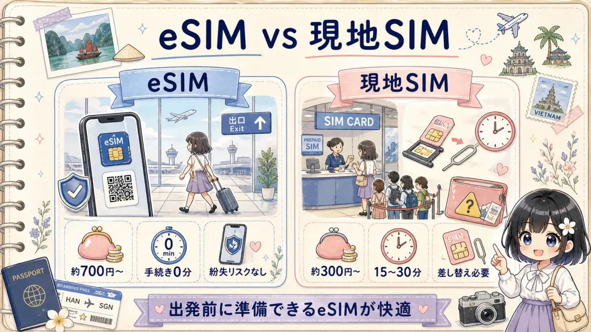 ベトナム旅行のeSIMと現地SIMを料金や手続き時間で比較した図解