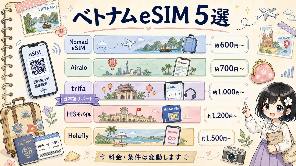 ベトナム対応eSIM5サービスの料金目安を比較した図解