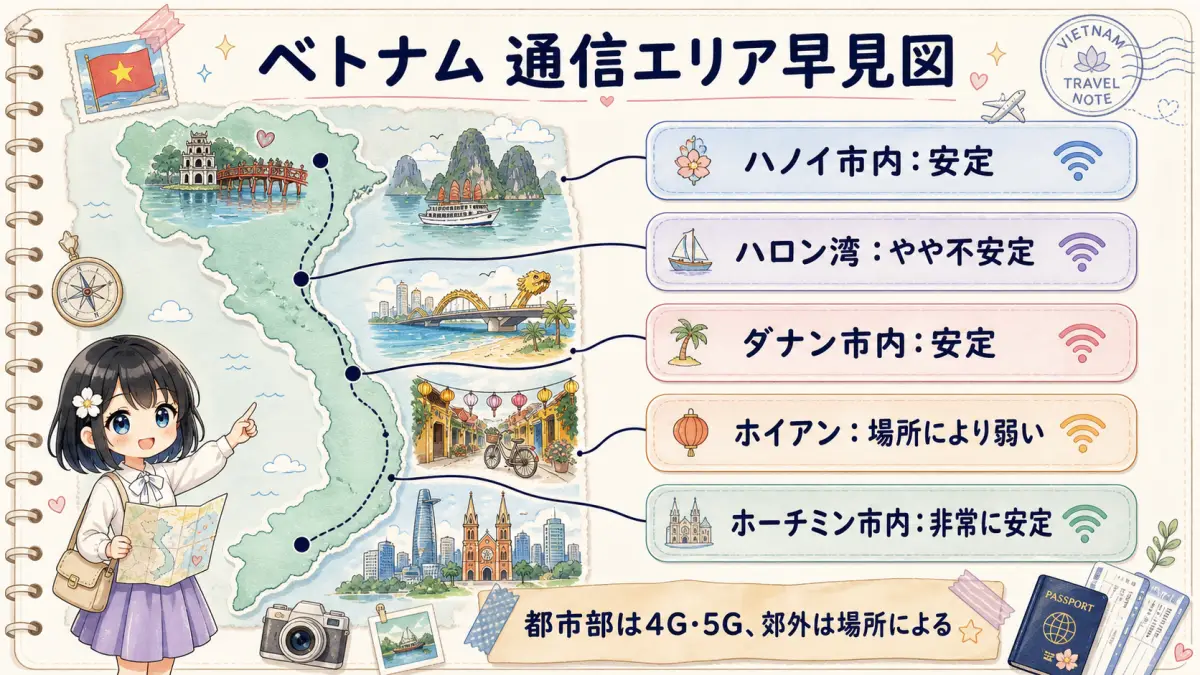 ベトナム主要エリア別の通信品質を地図で示した図解