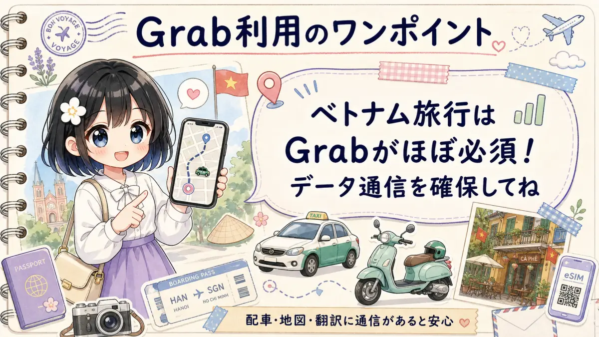 ベトナム旅行でGrab利用にはデータ通信が重要だと案内するTofuMaruちゃんの図解