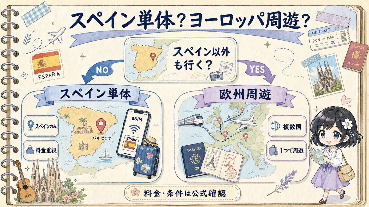 スペイン単体eSIMとヨーロッパ周遊eSIMの選び方を示す分岐図