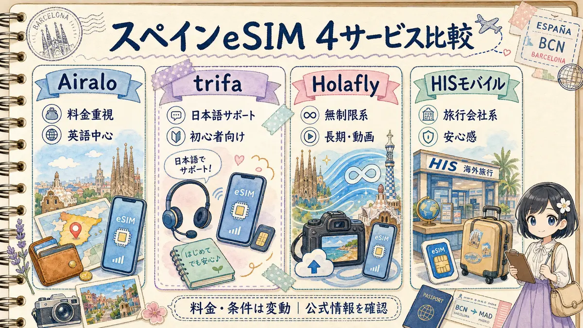 スペイン旅行向けeSIMサービス4社の特徴比較図