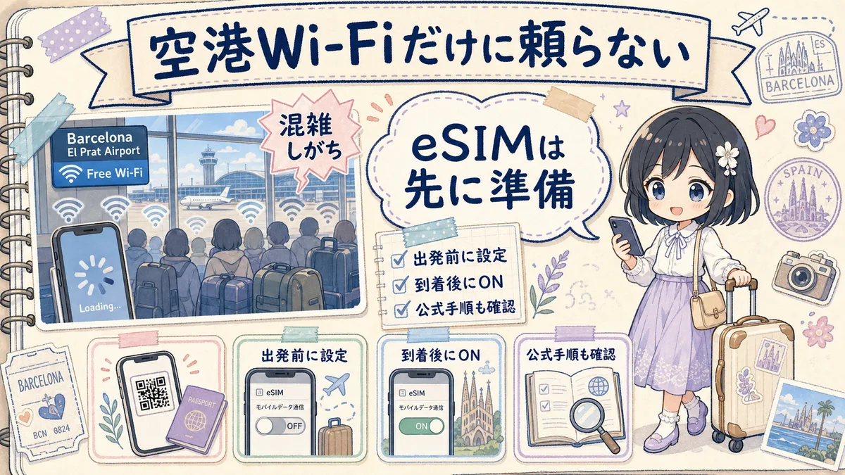 空港Wi-Fiだけに頼らず出発前にeSIMを設定する注意喚起イラスト