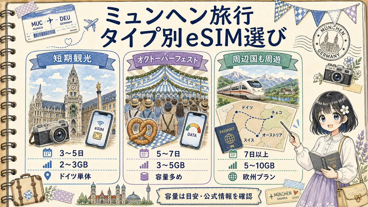 ミュンヘン旅行のタイプ別eSIM選びを短期観光・オクトーバーフェスト・周遊で比較した図