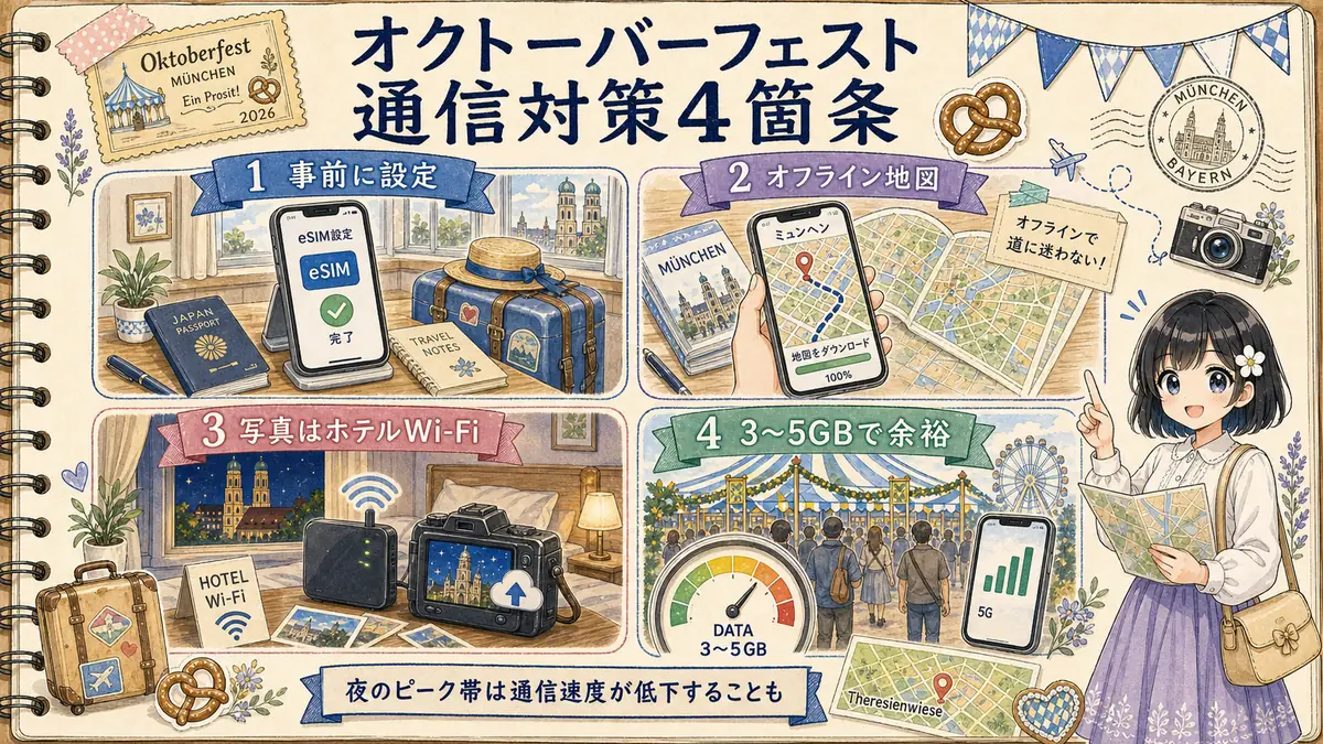 オクトーバーフェスト会場で通信を安定させる4つの対策をまとめた図