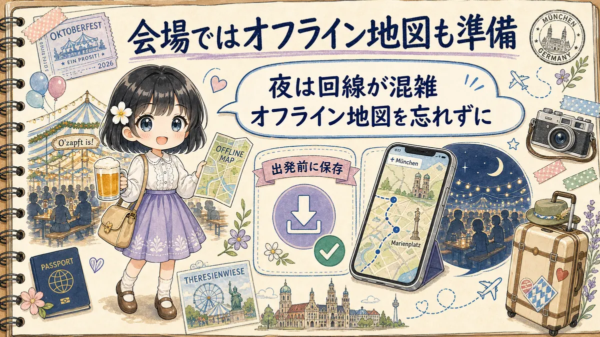TofuMaruちゃんがオクトーバーフェスト会場でオフライン地図の準備を促すイラスト