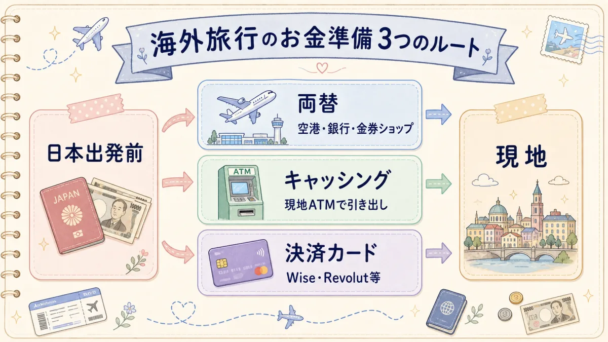 海外旅行のお金準備として両替・キャッシング・決済カードの3ルートを比較した図