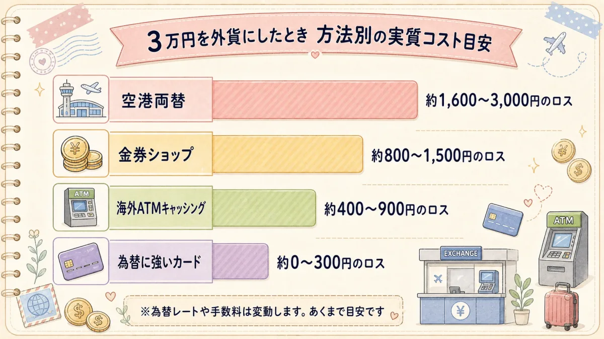 3万円を外貨にした場合の方法別実質コスト目安を比較した棒グラフ