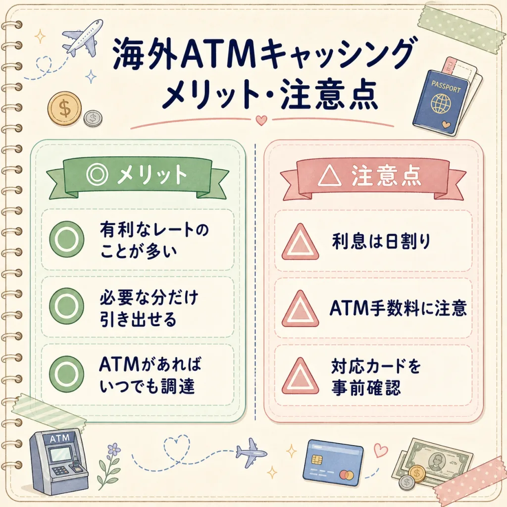 海外ATMキャッシングのメリットと注意点を左右で整理した図