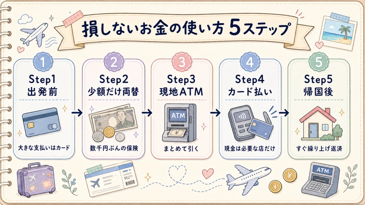 出発前から帰国後返済まで海外旅行のお金の使い方5ステップを示した図