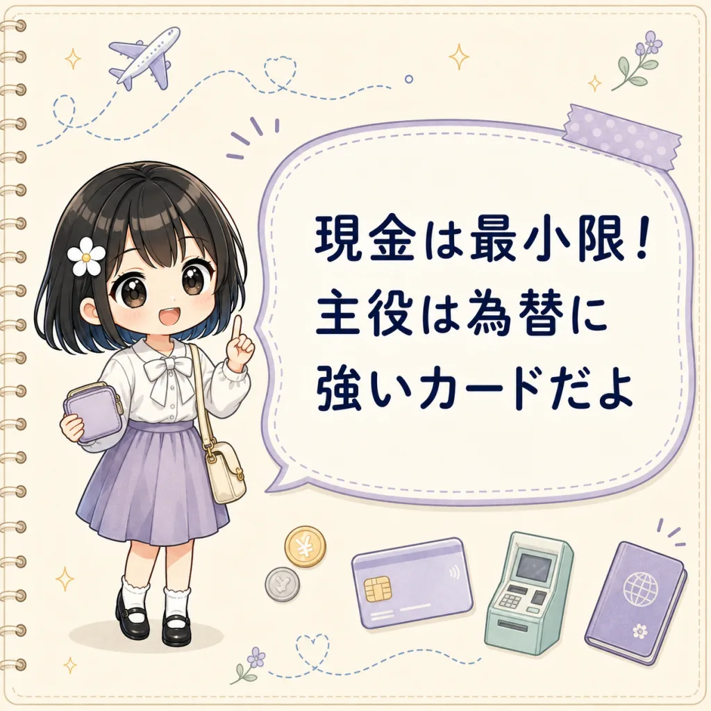 TofuMaruちゃんが現金は最小限で為替に強いカードを主役にすると助言しているイラスト