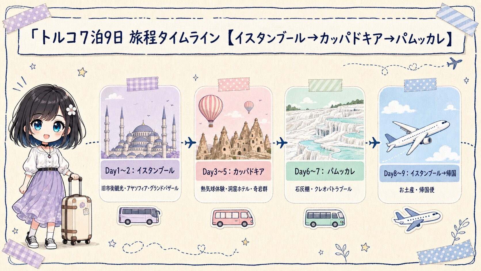 トルコ7泊9日でイスタンブール、カッパドキア、パムッカレを巡る旅程タイムライン