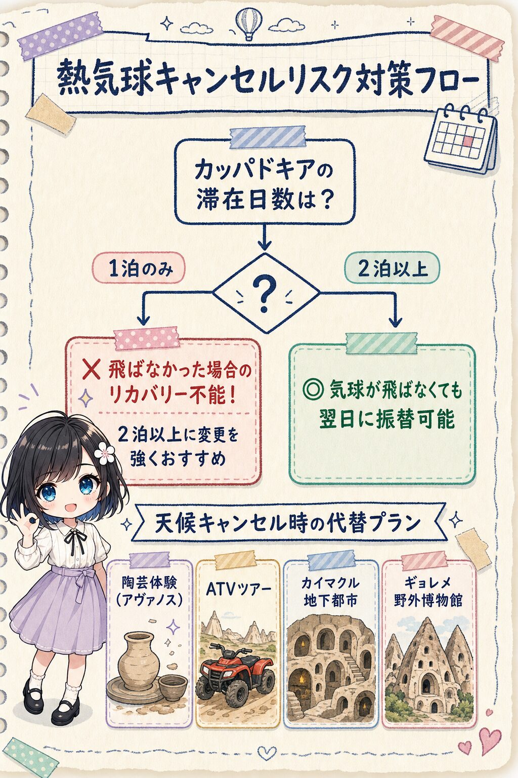 カッパドキア熱気球が天候キャンセルになった場合に備える2泊以上の滞在フロー