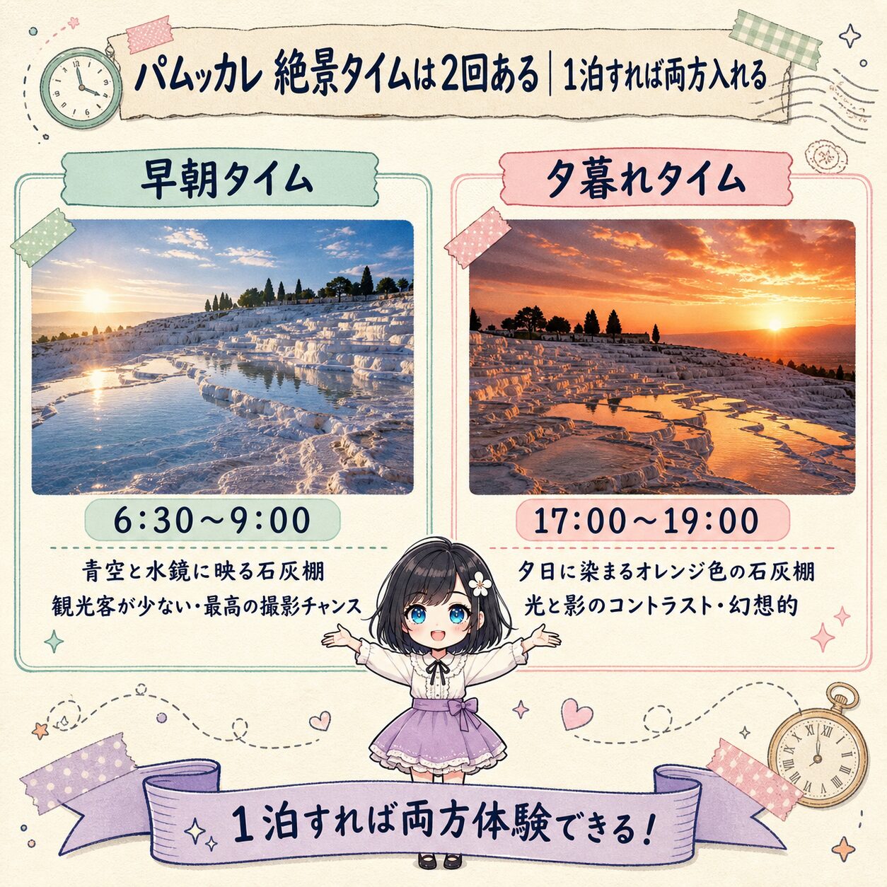 パムッカレの早朝と夕暮れの絶景タイムを1泊で体験する比較