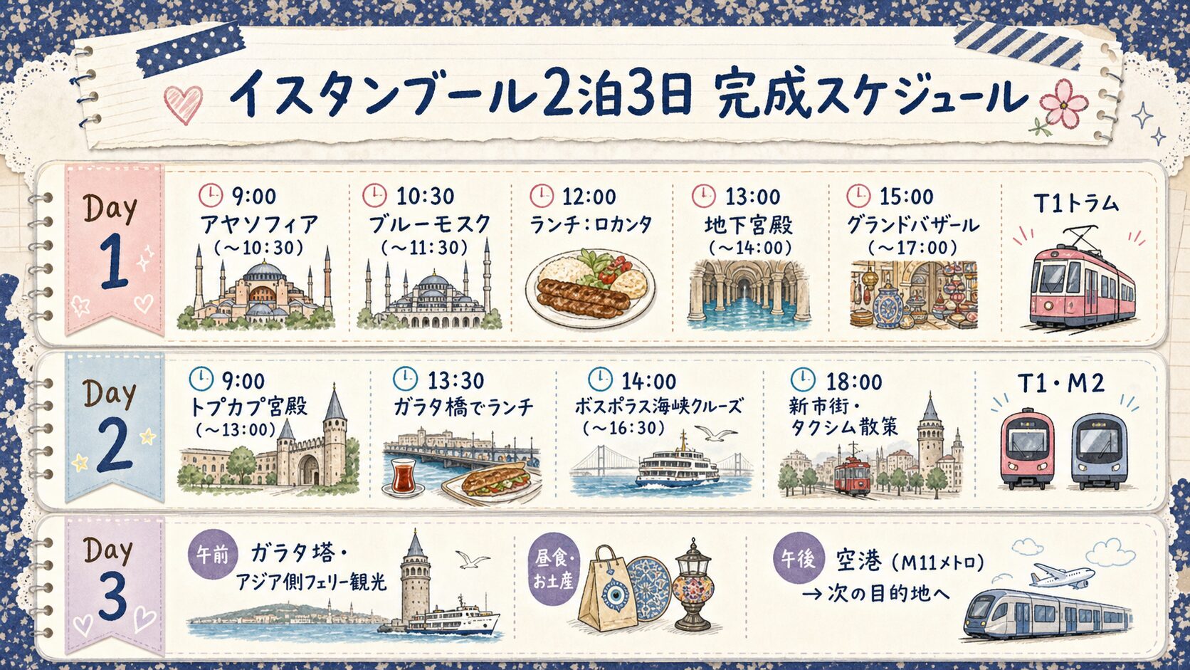 イスタンブール2泊3日の観光タイムライン