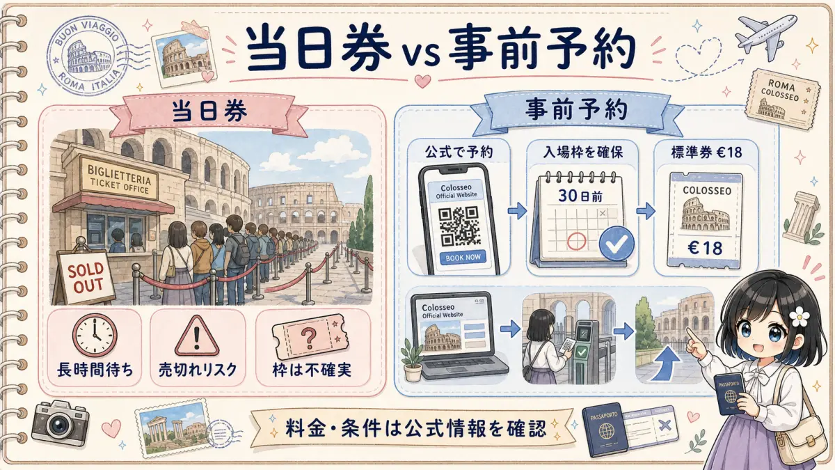 コロッセオの当日券と公式事前予約の違いを比較した旅行ノート風図解
