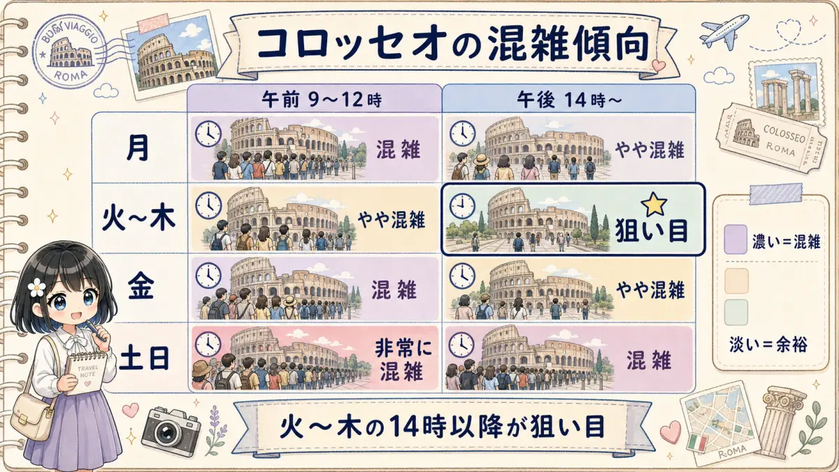 コロッセオの曜日と時間帯ごとの混雑傾向を示したヒートマップ