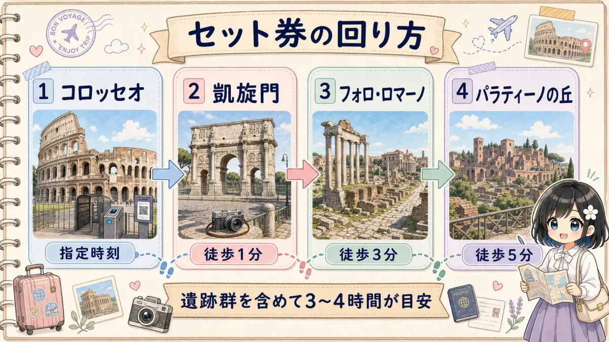コロッセオから凱旋門、フォロロマーノ、パラティーノの丘を回る動線図