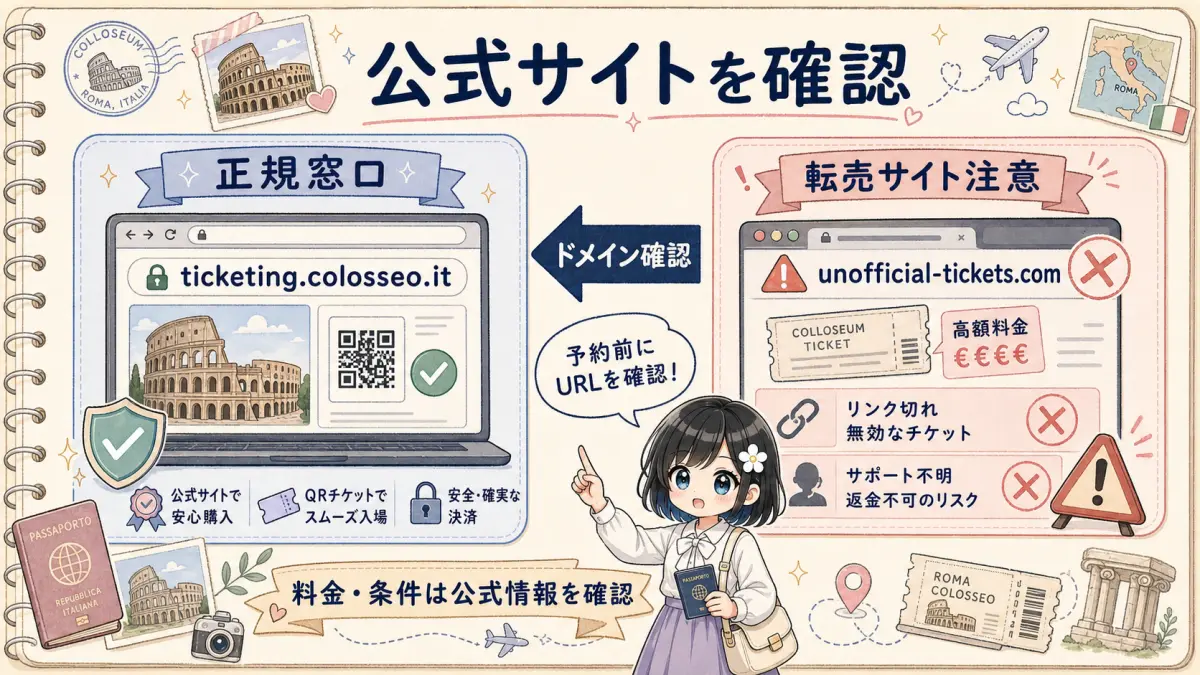 コロッセオ予約前に公式サイトのURL確認を促すTofuMaruちゃんの注意図解