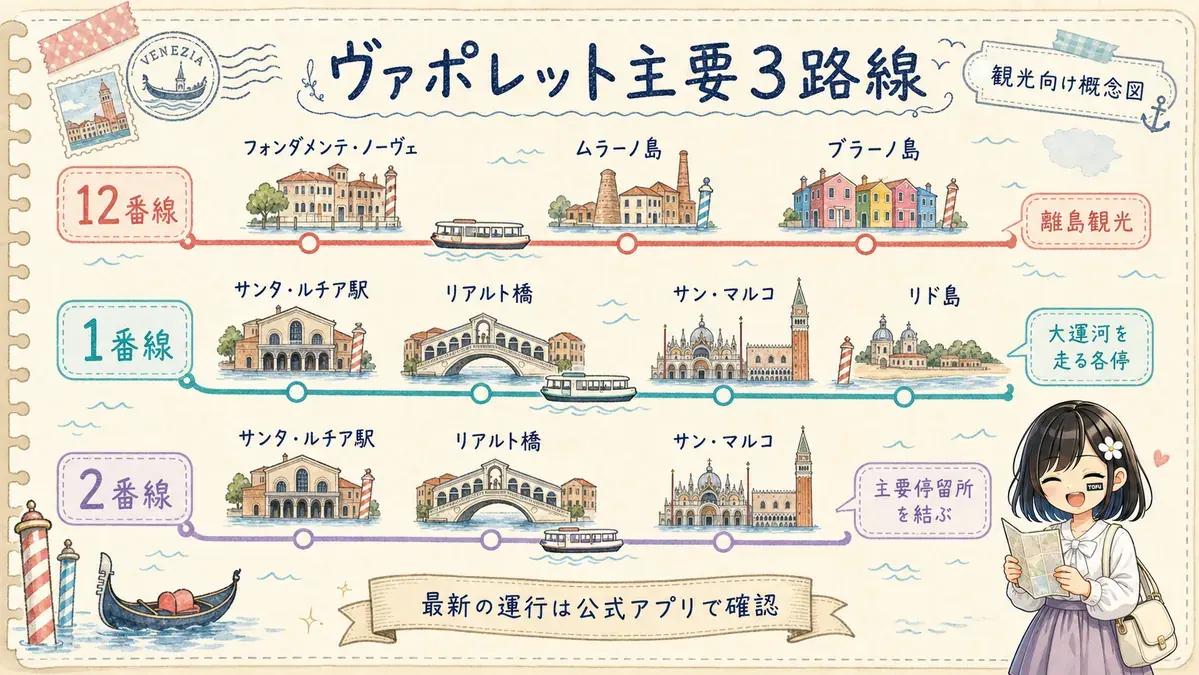 ヴァポレット1番線・2番線・12番線の観光向け主要路線図
