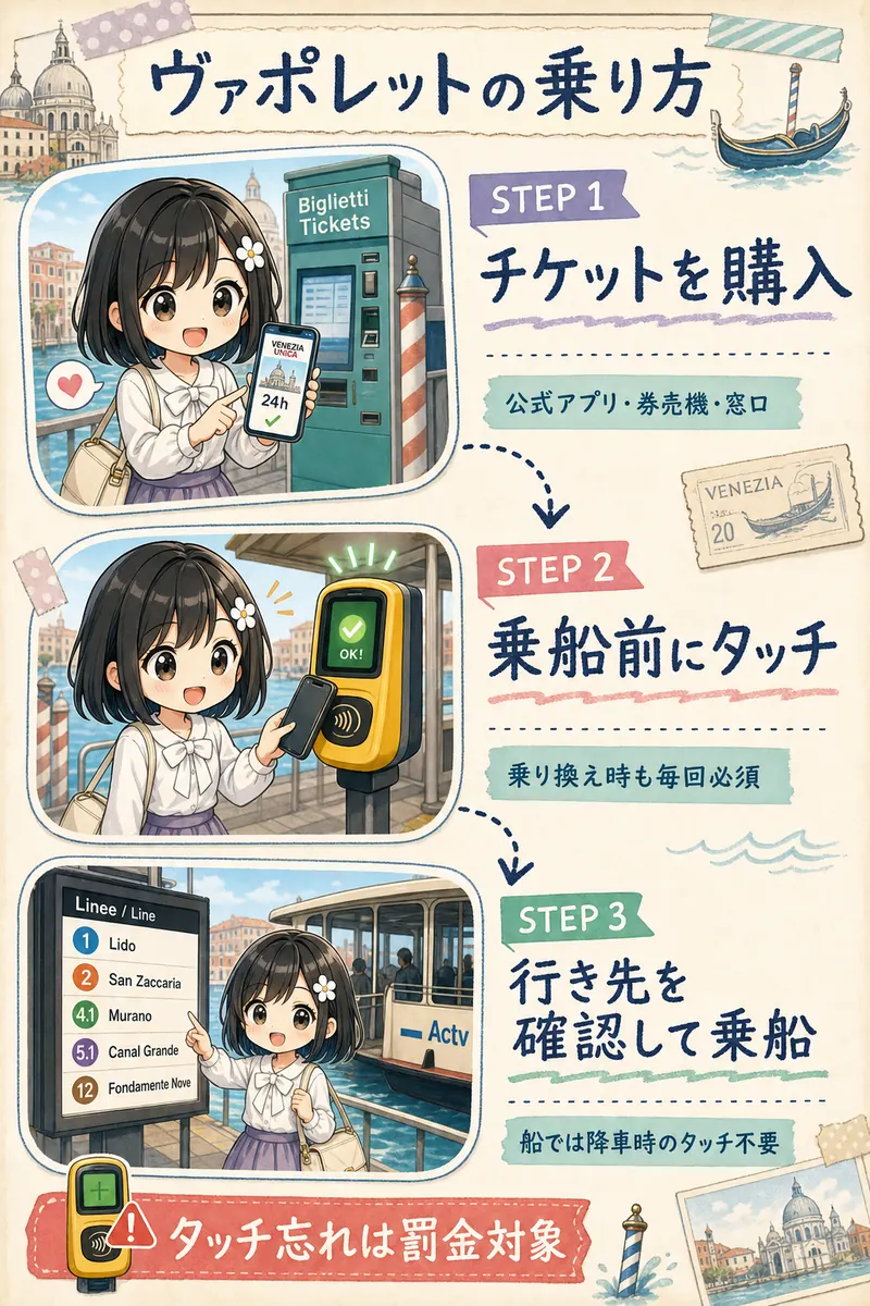 ヴァポレットのチケット購入から乗船までの3ステップ