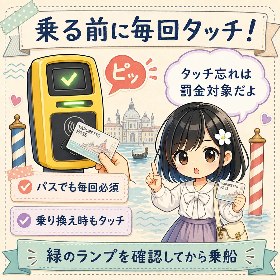 ヴァポレット乗船前のバリデーションを案内するTofuMaruちゃん