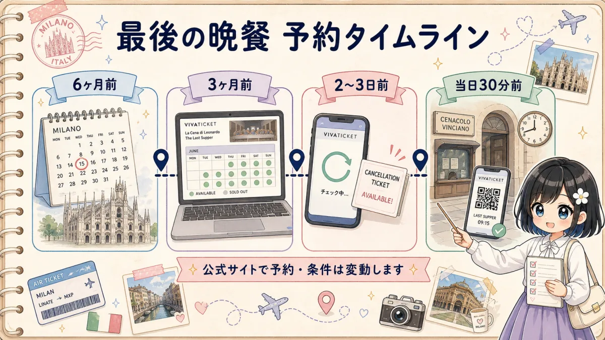 最後の晩餐チケット予約の6ヶ月前から当日30分前までのタイムライン図