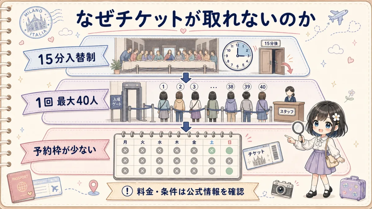 最後の晩餐チケットが取りにくい理由を15分入替制と最大40人の枠で示した図