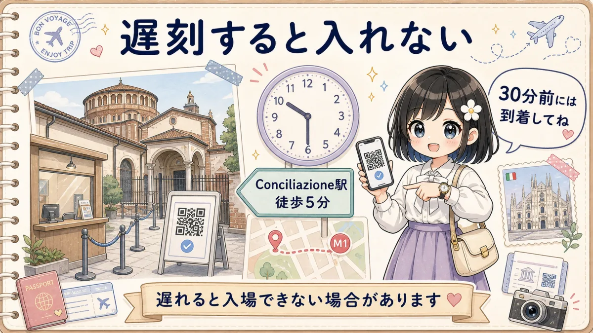 最後の晩餐の入場に遅れないよう30分前到着を促すTofuMaruちゃんの注意イラスト