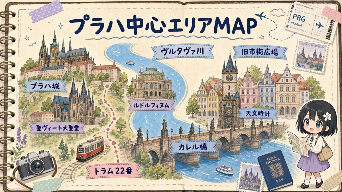 プラハ中心部の旧市街広場、カレル橋、プラハ城、ヴルタヴァ川、トラム22番の位置関係を示した旅行ノート風マップ