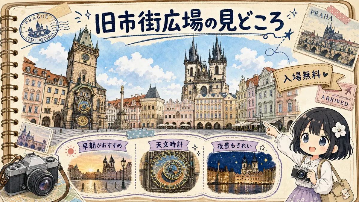 プラハ旧市街広場の天文時計、ティーン教会、早朝や夜景の見どころをまとめた旅行ノート風イラスト